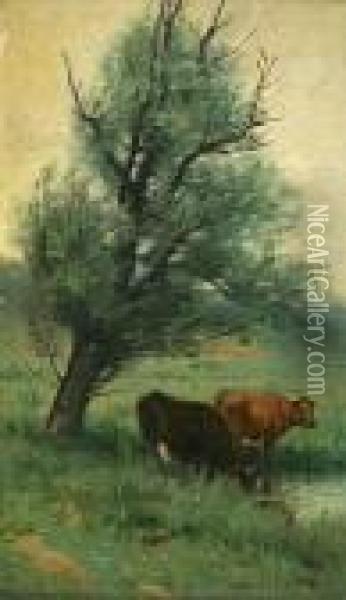 Cows Under A Tree Oil Painting - John Carleton Wiggins
