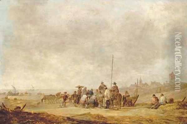Fishermen with their catch and townsfolk on the beach at Katwijk aan Zee Oil Painting - Jan van Goyen