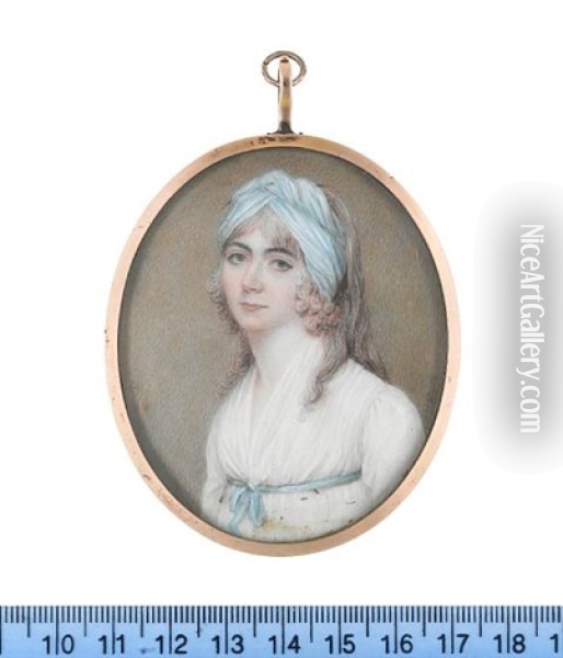 A Lady Of The Temple Family, Wearing White Dress, A Sky Blue Ribbon At Her Empire Line And Matching Bandeau In Her Loose Hair Oil Painting - Henry Bone