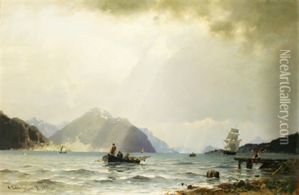Die Ankunft Im Fjord Oil Painting - Georg Anton Rasmussen