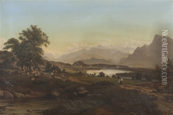 Romantische Landschaft Vor Gebirge Oil Painting - Anton Castell