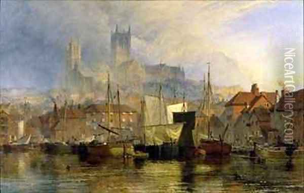 Lincoln Cathedral from the Brayford Pool Oil Painting - Henry Thomas Dawson