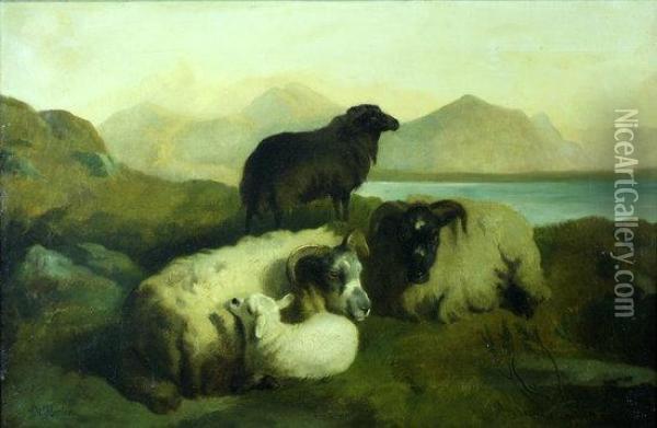 Sheep In A Mountain Landscape Oil Painting - George W. Horlor
