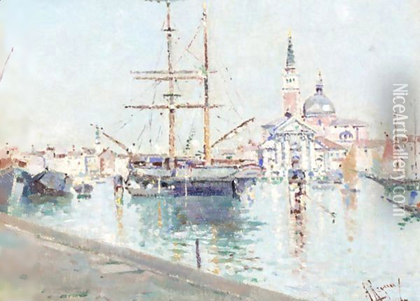 Ship At Harbour, Venice Oil Painting - Antonio Maria de Reyna