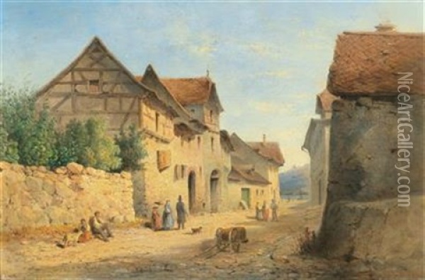 Village Road With Many Decorative Figures Oil Painting - Carl Lafite