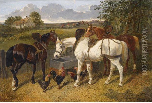 The Stableyard With A Hunt In The Distance Oil Painting - John Frederick Herring Snr