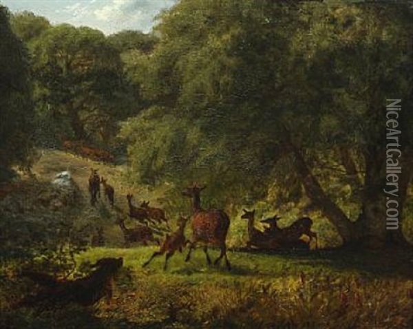 A Herd Of Deer Is Chased By A Dog Oil Painting - Lorenz Frolich