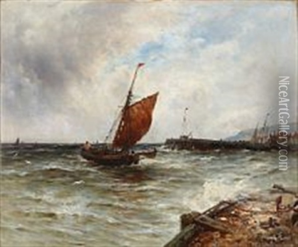 Fishing Boats Running To Harbour Isle Of Man Oil Painting - Gustave de Breanski