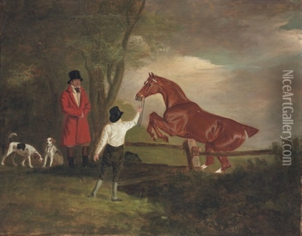Dick Christian Schooling The Hon. Berkeley Cravens's Chesnut Hunter Oil Painting - John E. Ferneley