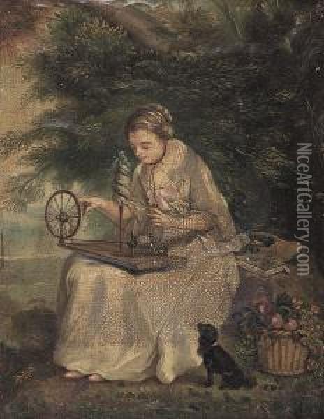 Young Girl Spinning Yarn Oil Painting - Claude Gillot