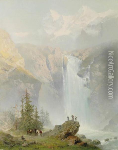 Schmadribachfall, Lauterbrunnen Valley Oil Painting - Jean Julien Godenne