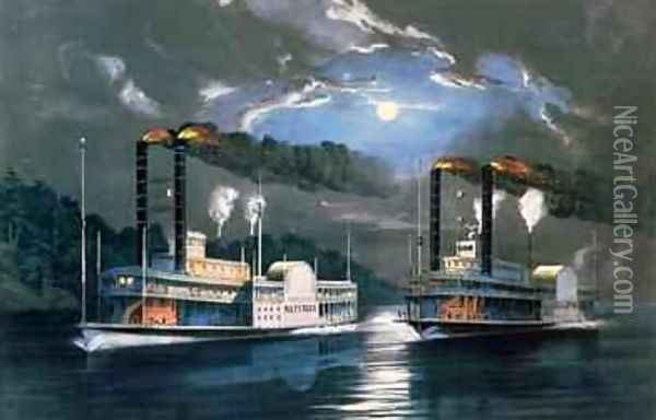 A Midnight Race on the Mississippi, after a drawing by H.D. Manning, pub. by Currier and Ives, New York, 1860 Oil Painting - Frances Flora Bond (Fanny) Palmer