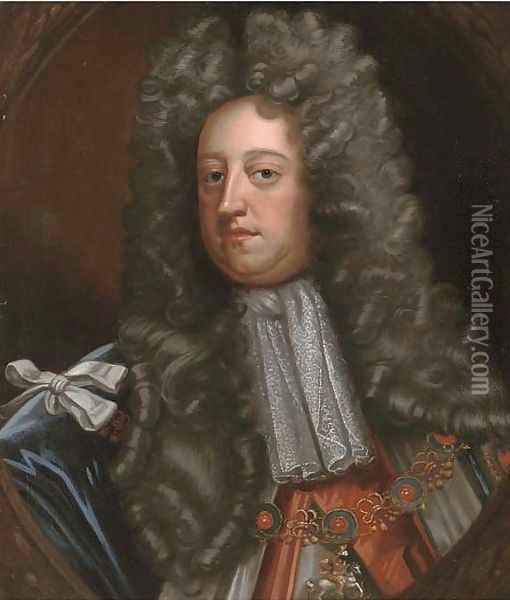Portrait of a gentleman, bust-length, wearing the Order of the Garter, feigned oval Oil Painting - Sir Godfrey Kneller