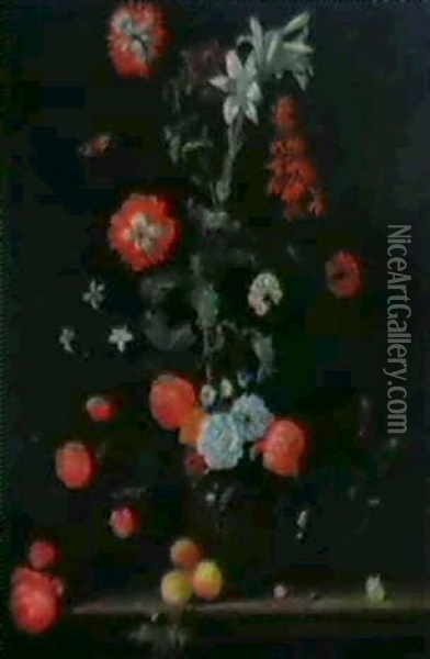 Fleurs Dans Un Vase De Verre Pose Sur Un Entablement A      Godrons Oil Painting - Abraham Mignon