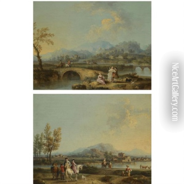 An Italianate Landscape With Elegant Figures On Horseback, Before A Riverside Town (+ An Italianate Landscape With Horsemen Crossing A Bridge, A Lady And A Gentleman With Their Dogs In The Foreground; Oil Painting - Giovanni Battista Cimaroli