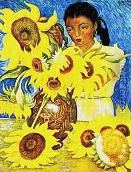 Muchacha Con Girasoles Oil Painting - Diego Rivera