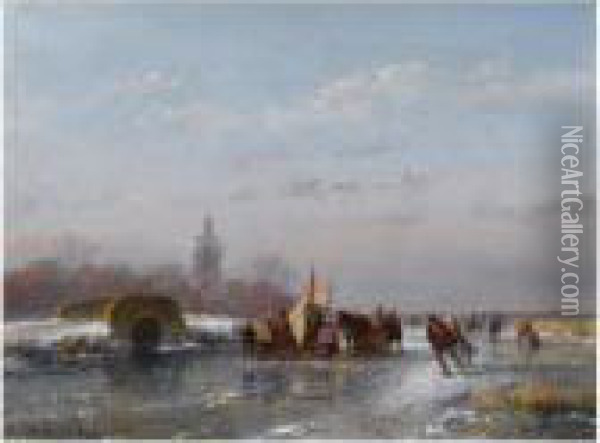 A Frozen Waterway With Skaters And A 'koek En Zopie' Oil Painting - Andreas Schelfhout