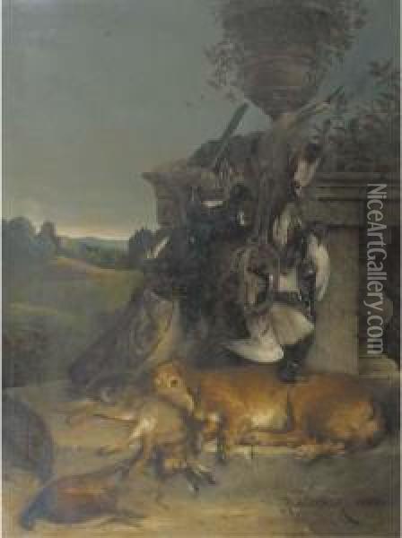 Jagd Stilleben: A Retriever Resting After A Successful Dayshooting Oil Painting - Rudolf Wimmer