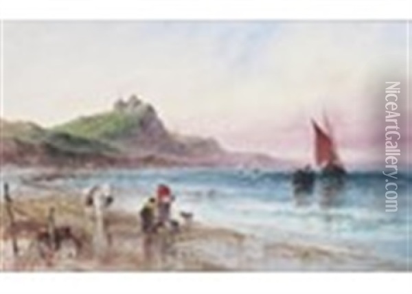 Channel Islands - A Fine Day, Roque De Ouet, Cobo, Guernsey; Figures By A Boat (a Pair) Oil Painting - Sarah Louise Kilpack