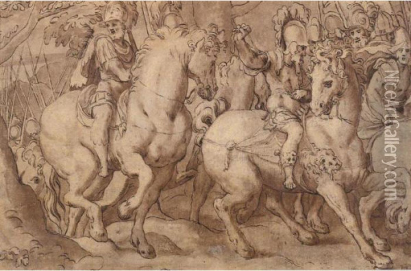 Roman Soldiers On Horseback Oil Painting - Paolo Farinati