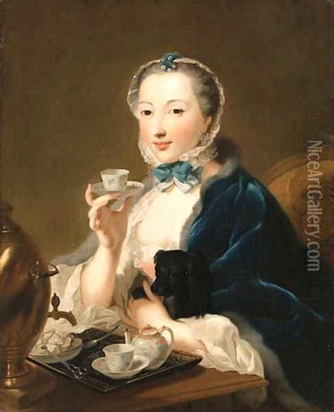 Portrait of the artist's wife, Marie Sophie Robert, half length, with a dog and holding a tea cup Oil Painting - Johann Heinrich The Elder Tischbein
