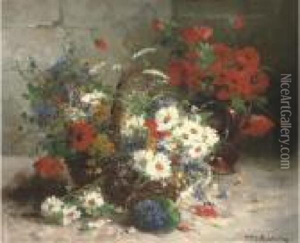Daisies, Poppies And Other Summer Flowers In A Basket By A Jug Ofpoppies Oil Painting - Eugene Henri Cauchois