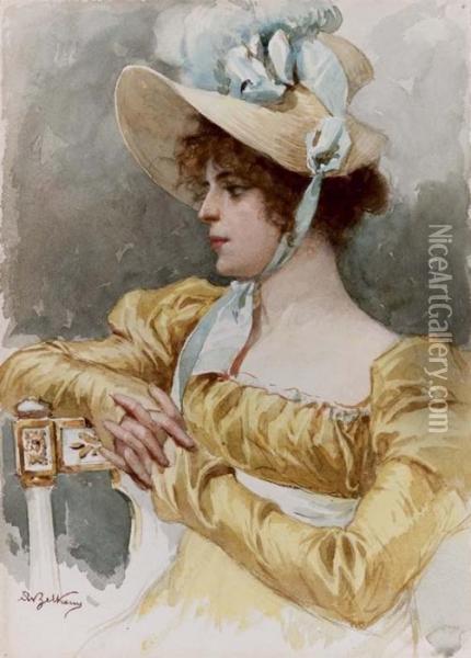 Ritratto Femminile Con Cappello Oil Painting - Achille Beltrame