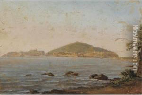 A View Of Naples From The Portici, The Castel Dell'ovo On The Left Oil Painting - Simon-Joseph-Alexandre-Clement Denis