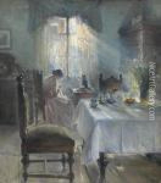 Interior Med Kvinde Som Syr (woman Sewing In An Interior) Oil Painting - Bertha Wegmann