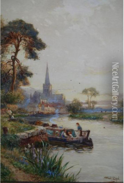 Figures On A Longboat With Figures Fishing On The River Bank And Distant Church Oil Painting - Walker Stuart Lloyd