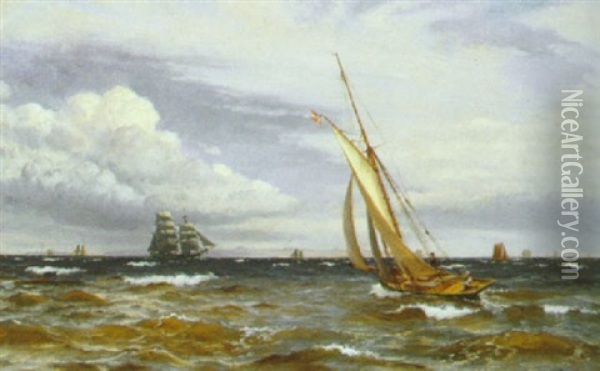 Marine Med Sejlskibe I Frisk Vejr Oil Painting - Christian Blache