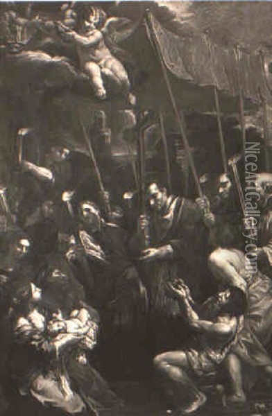 San Carlo Borromeo Porta In Processione Il Sacro Chiodo Fra Gli Appestati Oil Painting - Pietro da Cortona