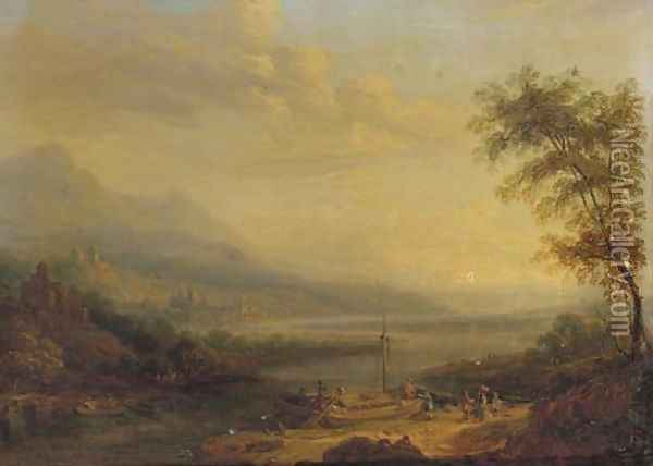 Figures unloading barges in capriccio landscapes Oil Painting - English School