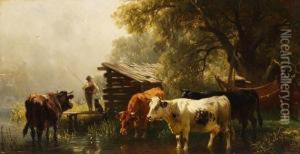 Uferlandschaft Mit Kuhen Und Angler Oil Painting - Friedrich Johann Voltz