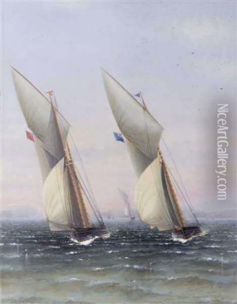 A Schooner From The Royal Thames Yacht Club Running Down Wind; A Schooner And Cutter Neck And Neck (set Of 2) Oil Painting - Charles Keith Miller