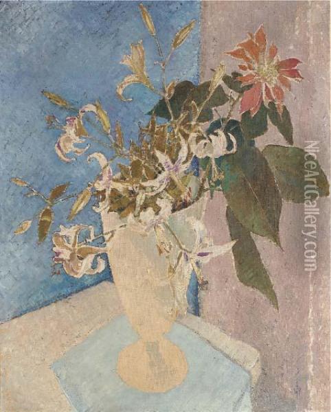 Poinsettia And Lilies Oil Painting - Glyn Warren Philpot