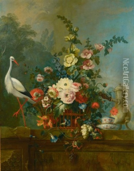 Nature Morte De Fleurs, Et Une Cigogne Oil Painting - Jean-Marc Ladey