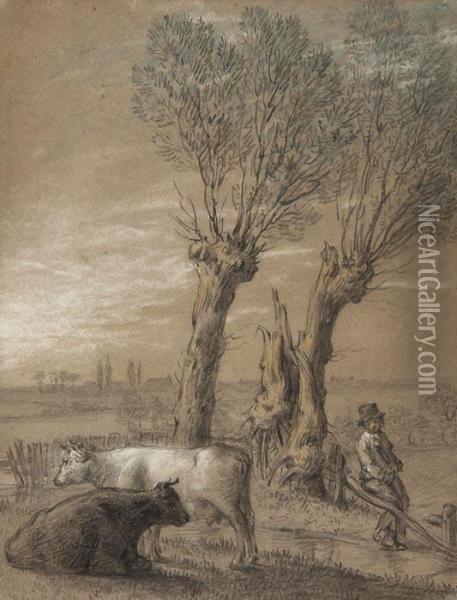 Cattle And Boy By A Pollarded Willow Oil Painting - Peter Francis Bourgeois