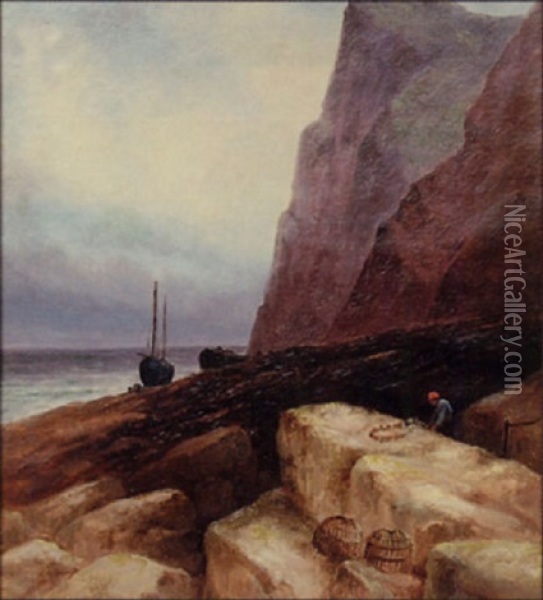 Fisherman Mending His Nets On Rocks With Boat In Background Oil Painting - Sarah Louise Kilpack