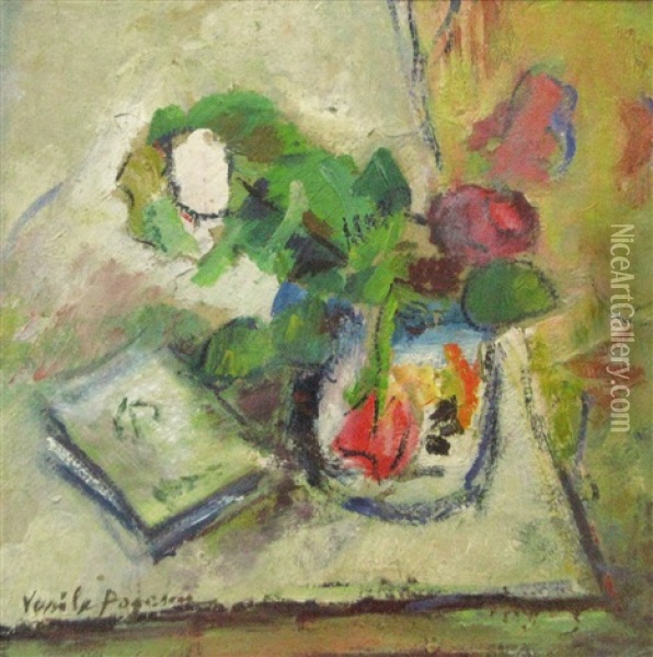 Still Life With Flowers And Book Oil Painting - Vasile Popescu