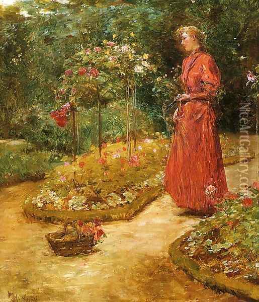 Woman Cutting Roses in a Garden Oil Painting - Childe Hassam