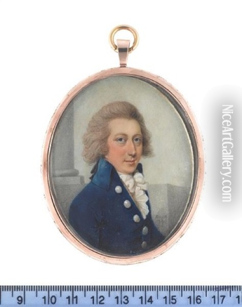 A Gentleman, Wearing Blue Coat, Yellow Waistcoat, White Stock, Cravat And Frilled Chemise, His Powdered Wig Tied With A Black Ribbon Bow Oil Painting - Sampson Towgood Roch