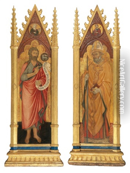 Saint John The Evangelist With Saint Agatha Above; And Saint Nicholas With A Female Saint Oil Painting - Francesco D'Antonio Da Viterbo