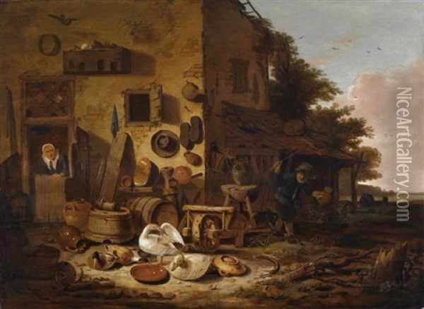 Canards Devant Une Taverne Oil Painting - Egbert Lievensz van der Poel