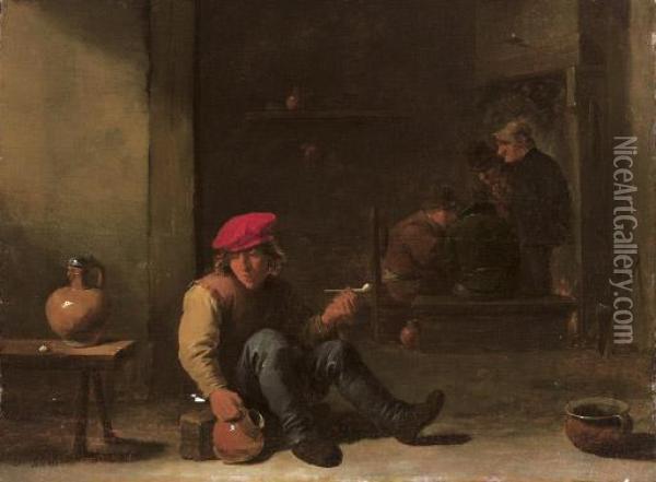 A Boor Holding A Pipe And Jug Seated In An Interior Oil Painting - David The Younger Teniers