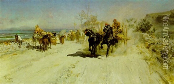 Pferderennen An Der Kustenstrase Oil Painting - Robert Poetzelberger