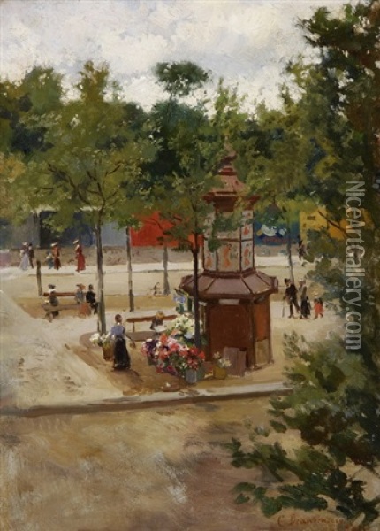 Pariser Parkszene Mit Blumenladen Oil Painting - Carlo Brancaccio