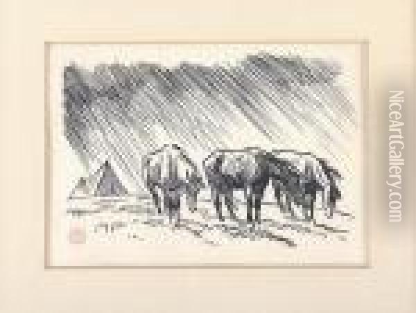 Horses In The Rain # 2 Oil Painting - Maynard Dixon