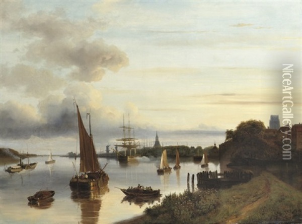 A Busy Day On The River, Dordrecht Oil Painting - Nicolaas Johannes Roosenboom