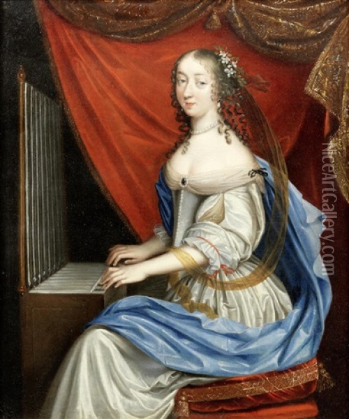 Portrait Of A Lady, As Saint Cecilia, Three-quarter-length, In A White Dress And A Blue Wrap, Playing An Organ Oil Painting - Charles Beaubrun